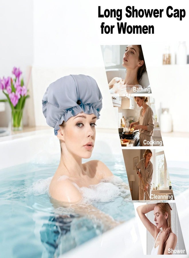 ELEBOX Extra Large Shower Cap for Braids/Curly Hair/Dreadlock | Reusable Waterproof Long Bonnets for Women Bath/Swim/Cooking/Cleaning/Spa | XL Bathing Cap with Adjustable Drawstring & Button, Grey - Image 2